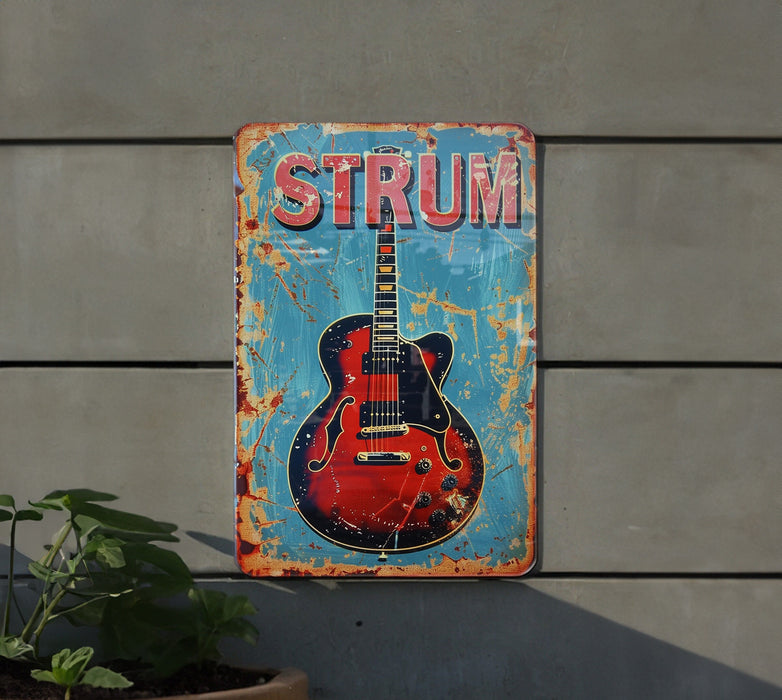 a red and blue guitar sign on a wall