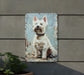 a painting of a white dog on a blue background