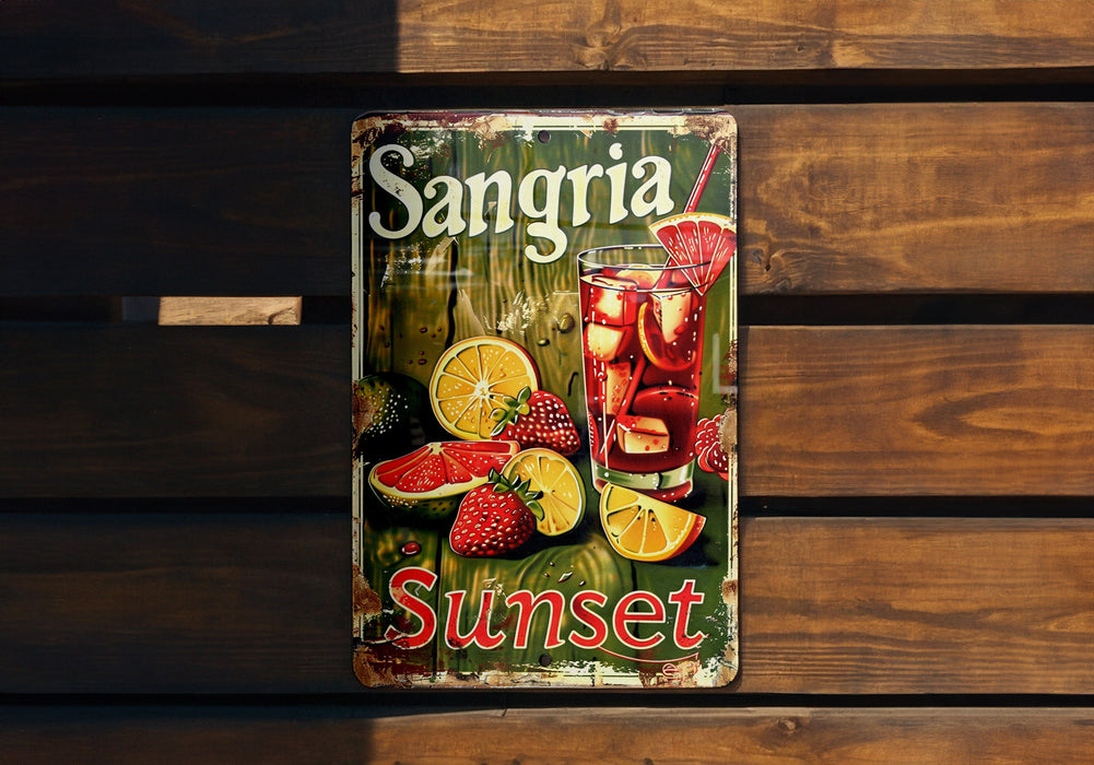 a sign on a wooden bench advertising sangria