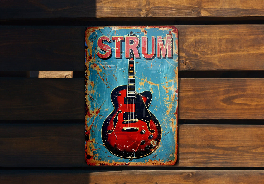 a red and blue guitar sign on a wooden wall