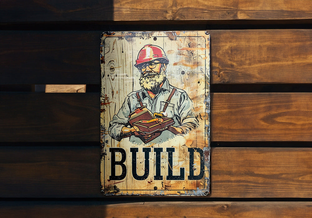 a wooden sign with a picture of a man holding a book