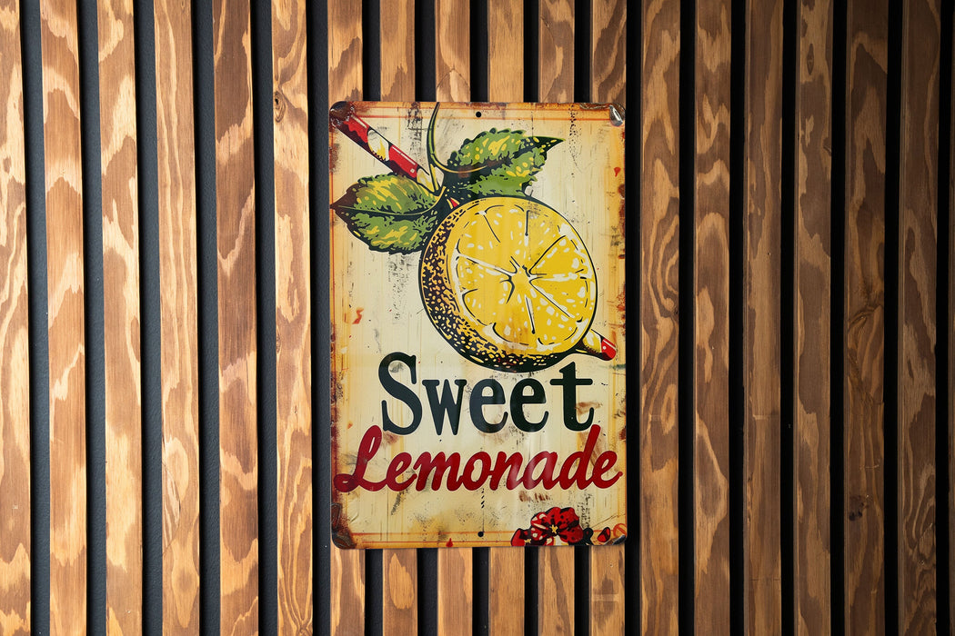 a sign that says sweet lemonade hanging on a wall