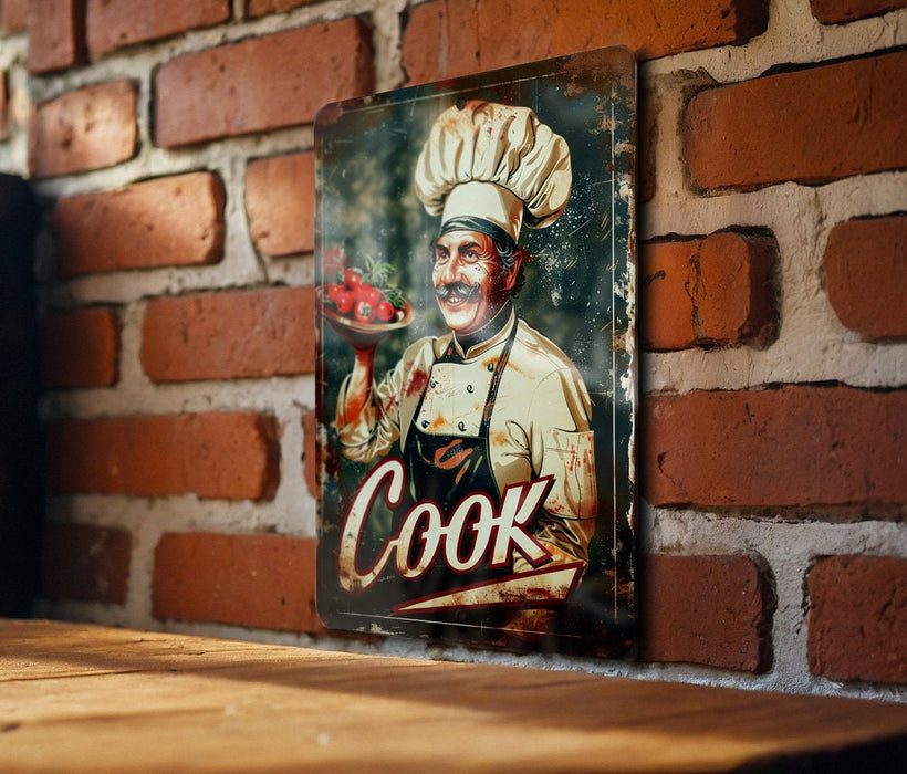 a picture of a cook hanging on a brick wall