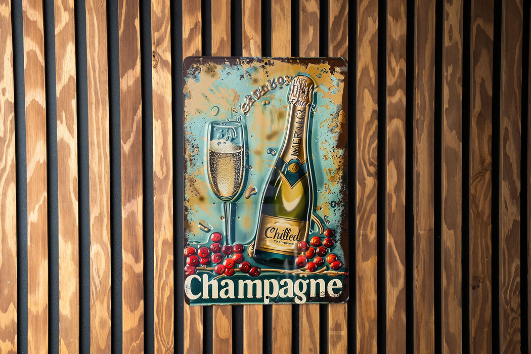 a picture of a champagne sign on a wooden wall