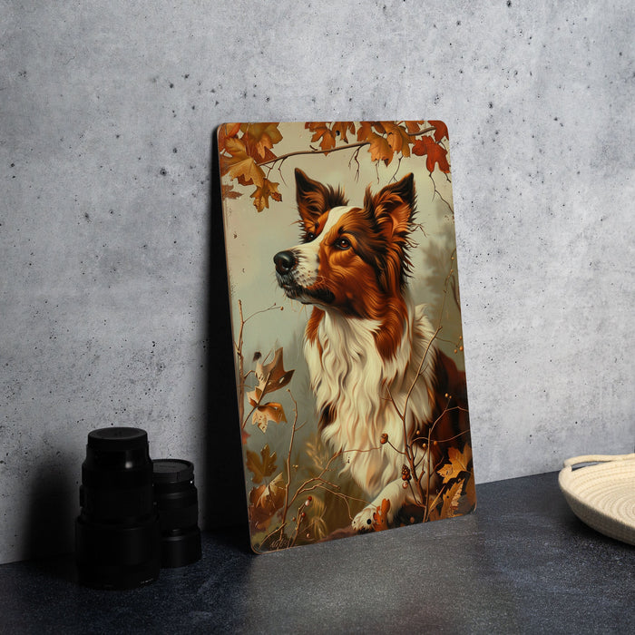 a painting of a dog on a table next to a plate