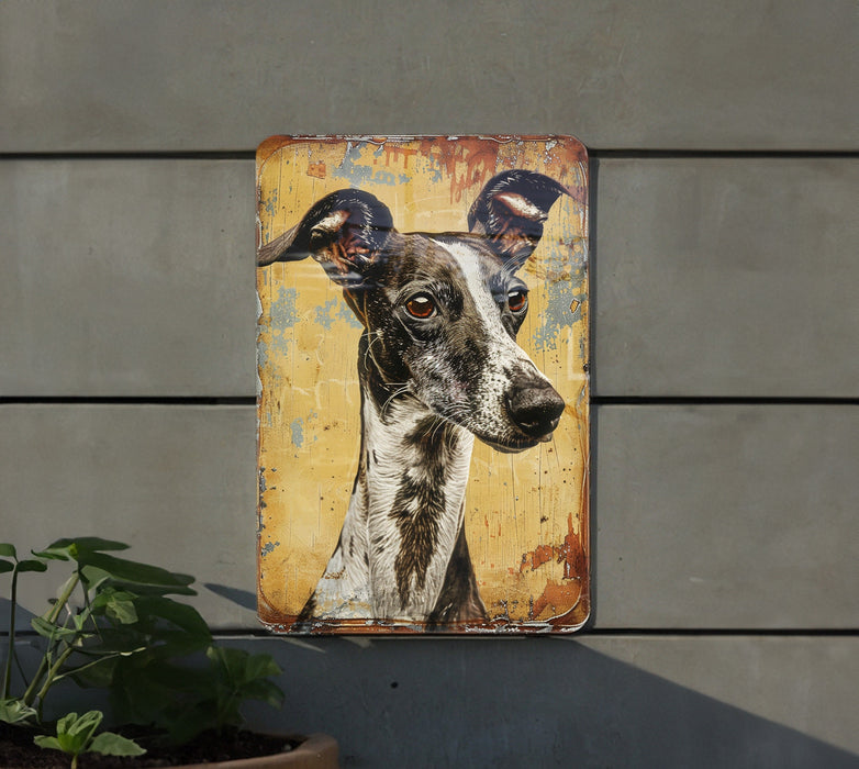 a painting of a dog on a yellow background