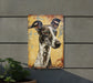 a painting of a dog on a yellow background