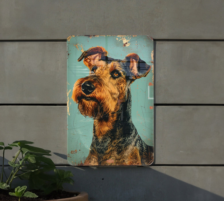 a metal sign with a picture of a dog on it