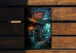 a wooden bench with a picture of a house on it