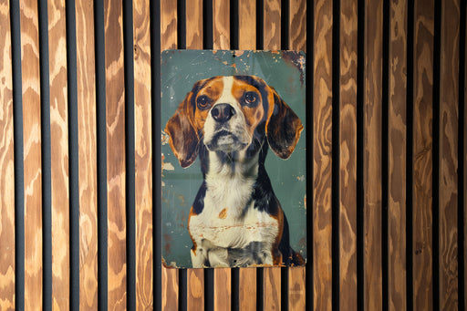 a picture of a dog on a wooden wall