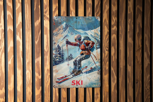 a painting of a skier on a wooden wall