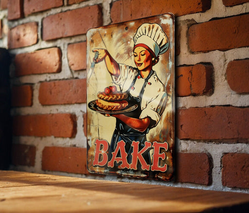a sign on a brick wall that says bake