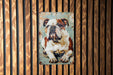 a picture of a bulldog on a wooden wall