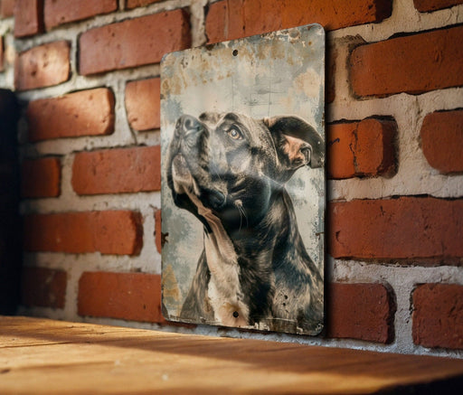 a picture of a dog hanging on a brick wall