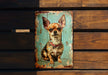 a picture of a dog on a wooden wall