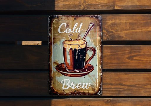 a sign on a wooden wall that says cold brew