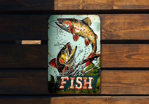 a fish sign is hanging on a wooden wall