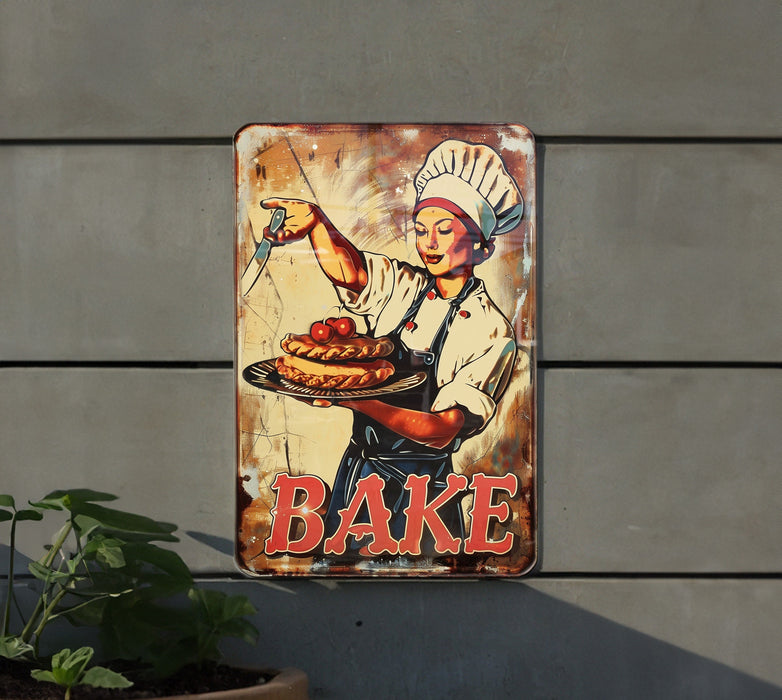 a sign on the side of a building that says bake