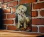 a picture of a dog on a brick wall