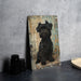a painting of a small black dog sitting on a table