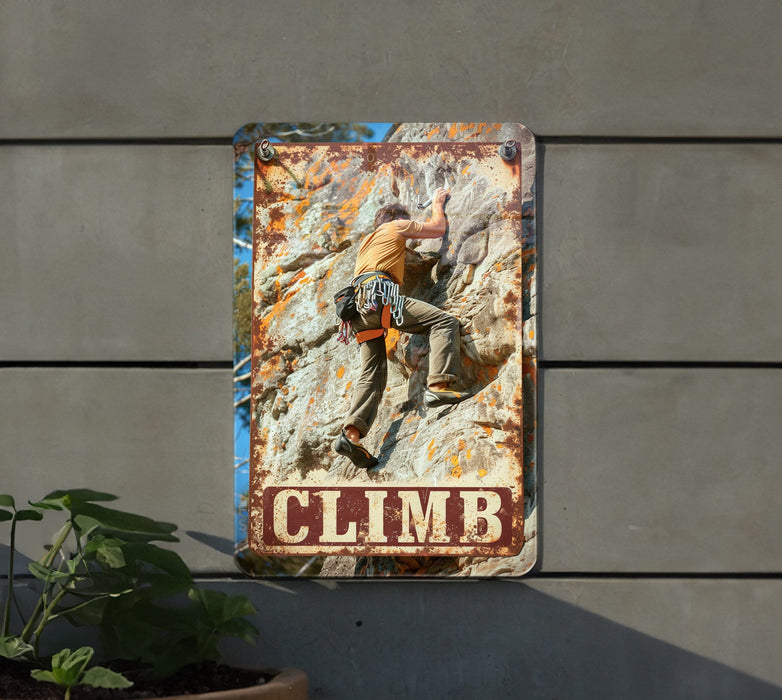 a sign on a wall that says climb