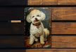 a picture of a white dog on a wooden bench