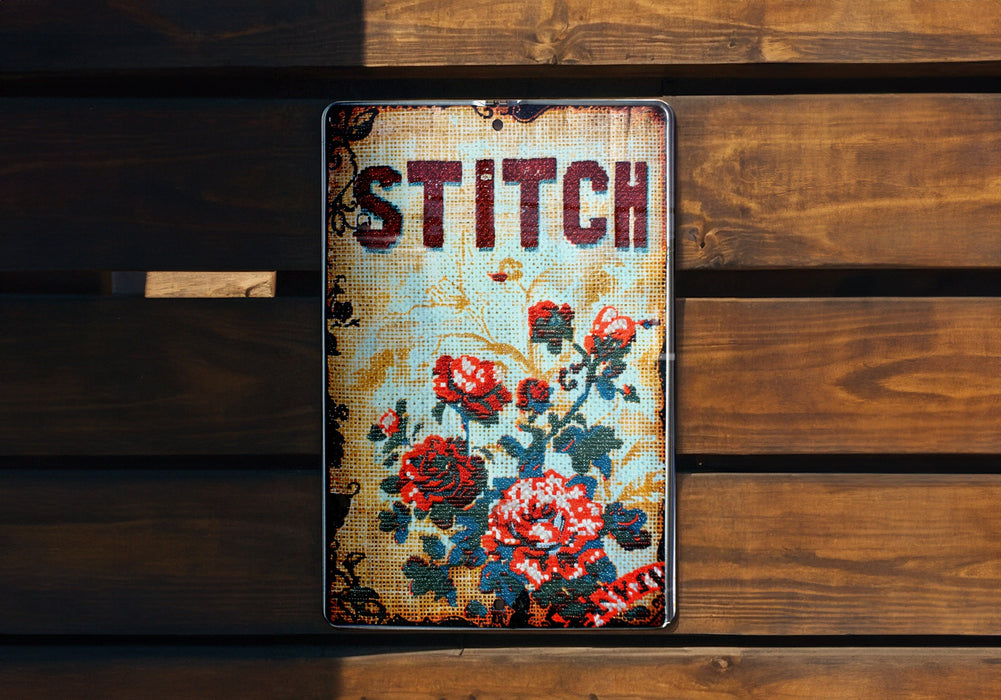 a sign that says stitch on a wooden wall