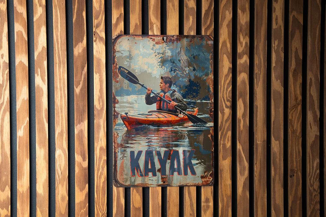 a picture of a kayaker on a wooden wall