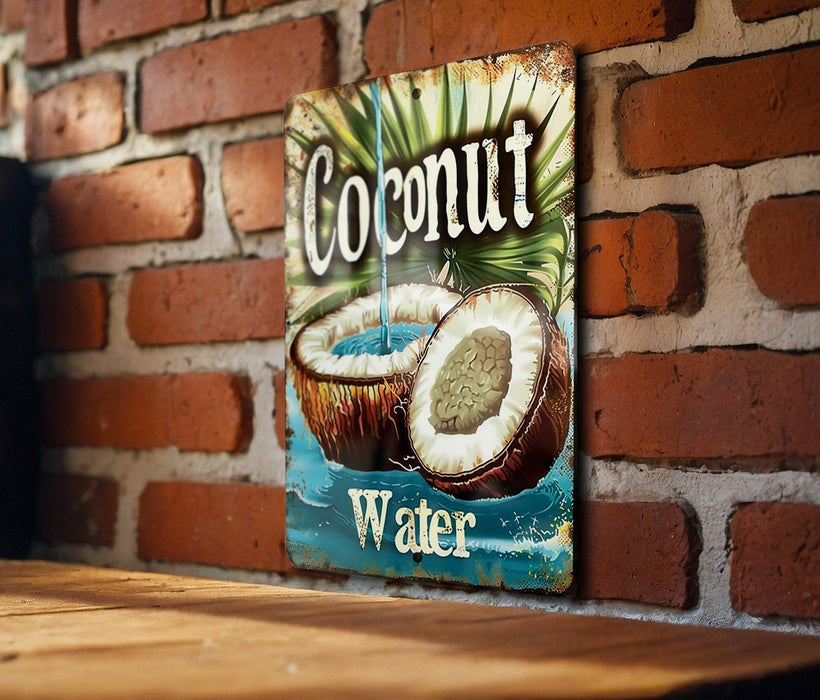 a sign on a brick wall that says coconut water
