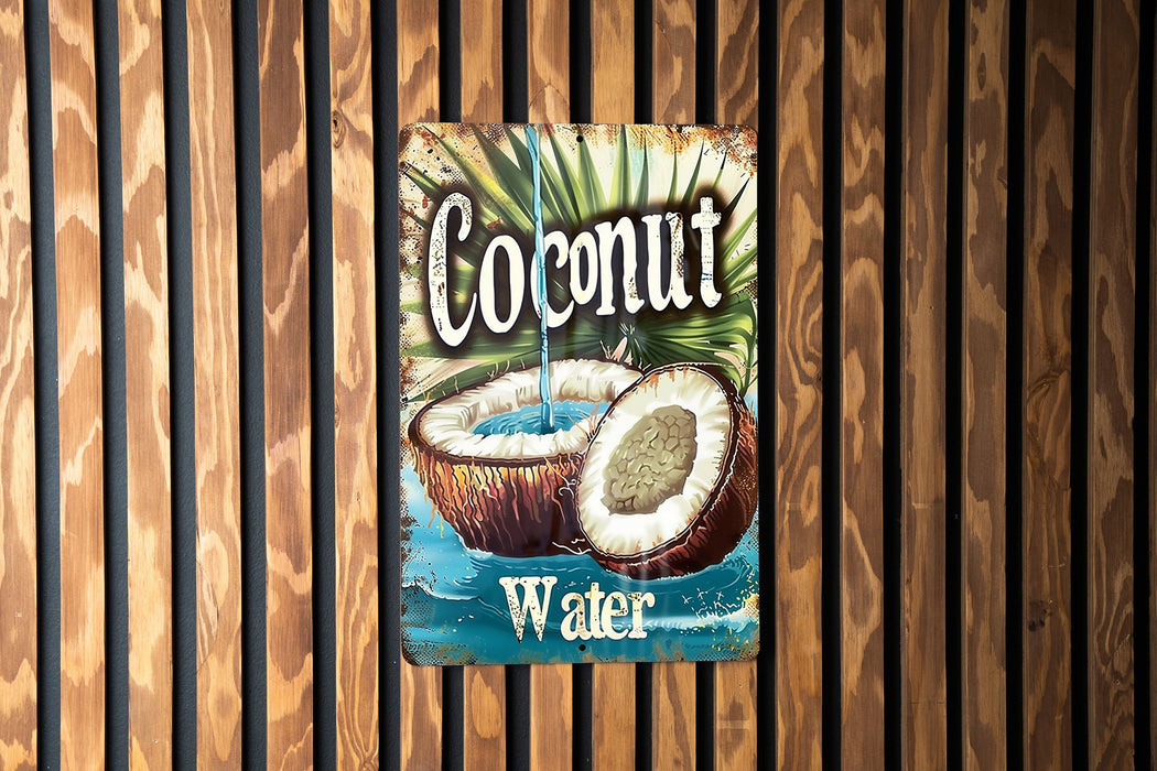 a sign on a wooden wall that says coconut water