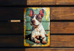 a picture of a dog sitting on a wooden bench