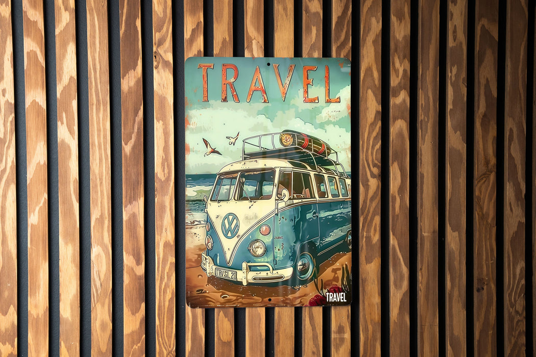 a blue and white bus parked next to a wooden wall