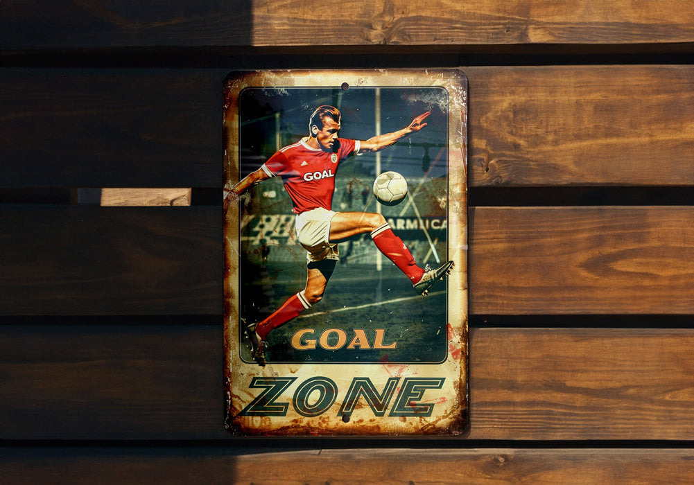 a metal sign with a soccer player kicking a soccer ball