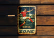 a metal sign with a soccer player kicking a soccer ball
