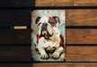 a picture of a bulldog on a wooden bench