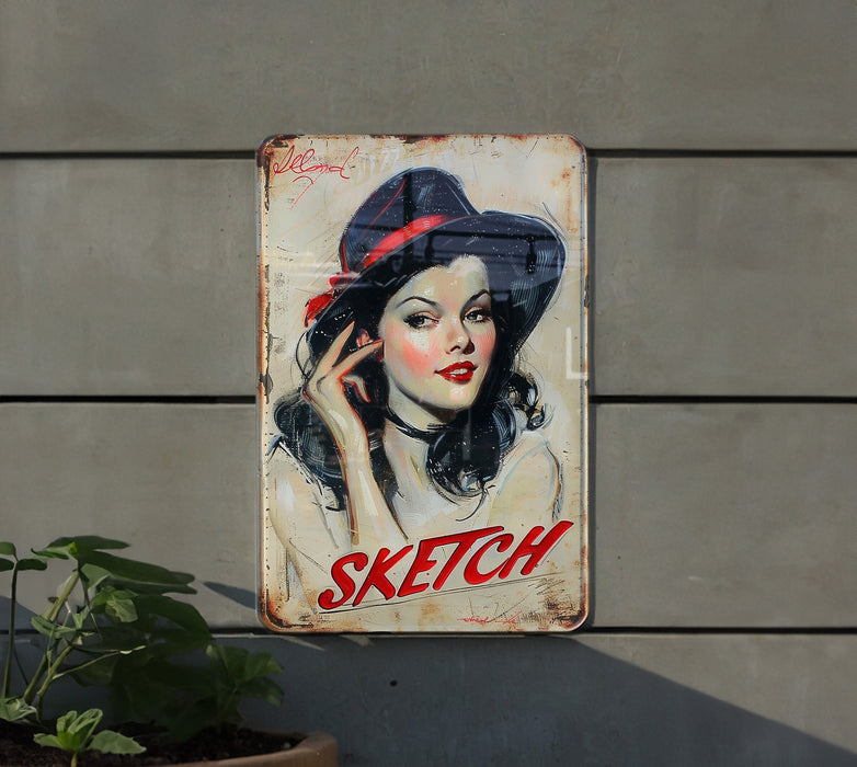 a painting of a woman with a hat on a wall