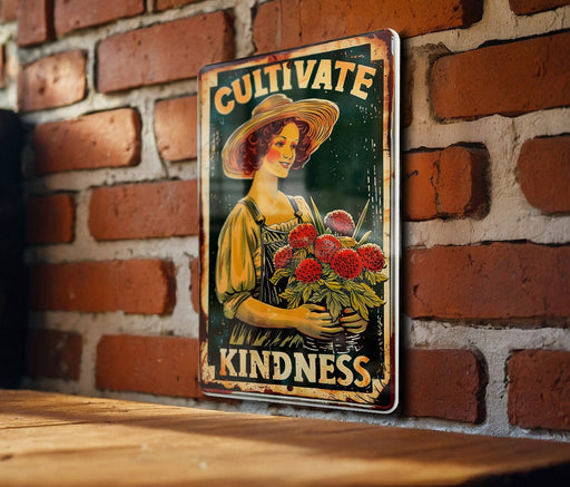 a picture of a woman holding flowers on a brick wall