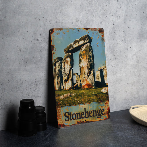 a picture of a stonehenge on a table next to a pair of binoculars