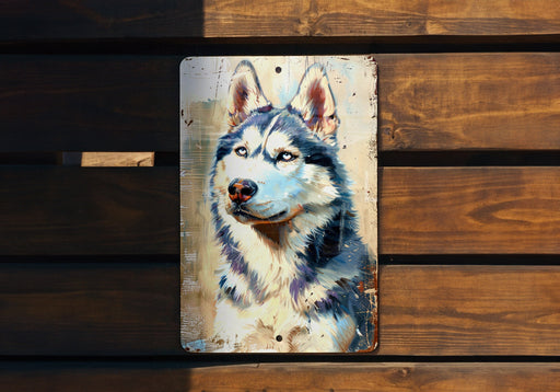 a painting of a husky dog on a wooden wall