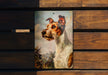 a picture of a dog on a wooden bench