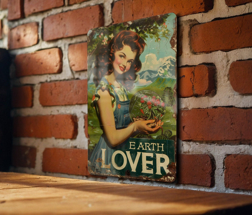 a picture of a woman holding a flower on a brick wall