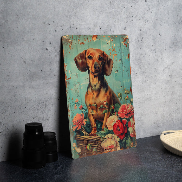a painting of a dachshund sitting on a table