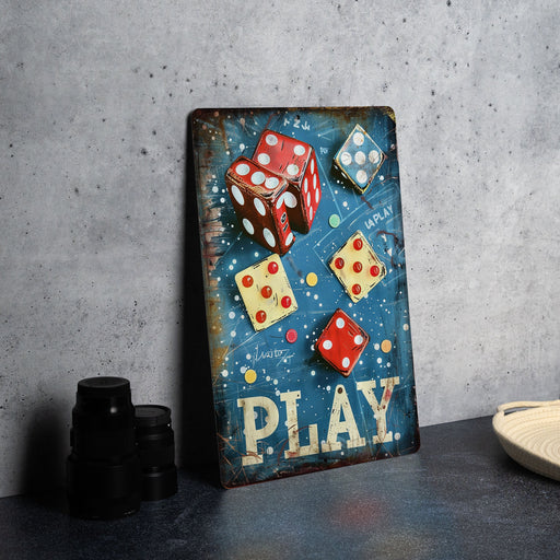 a wooden sign that says play with dices on it