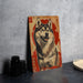 a picture of a dog on a wooden plaque