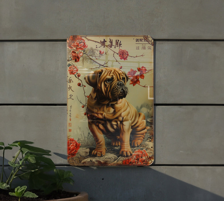 a picture of a dog is hanging on a wall