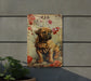 a picture of a dog is hanging on a wall