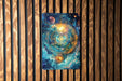 a painting on a wooden wall with a wooden slatted wall behind it