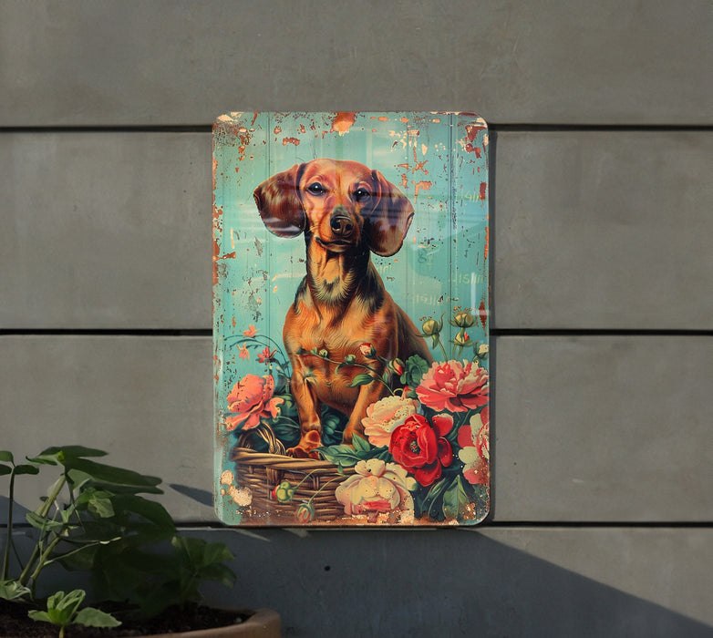 a painting of a dog on a wall next to a potted plant