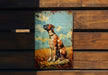 a painting of a dog sitting on a bench