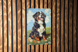 a picture of a dog on a wooden wall